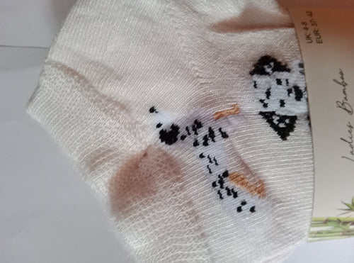 Bamboo ladies trainer socks with a dog pattern