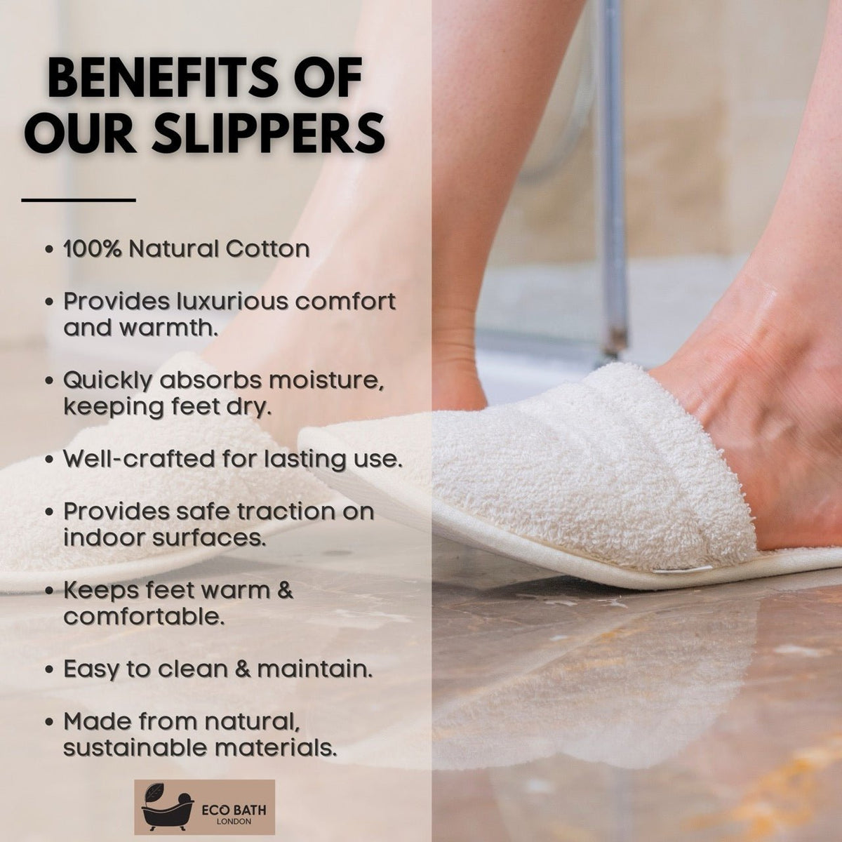Eco Bath London Natural Towelling Slippers - GOTS Certificated Luxury 100% Organic Cotton Indoor Slippers for Bath and Home