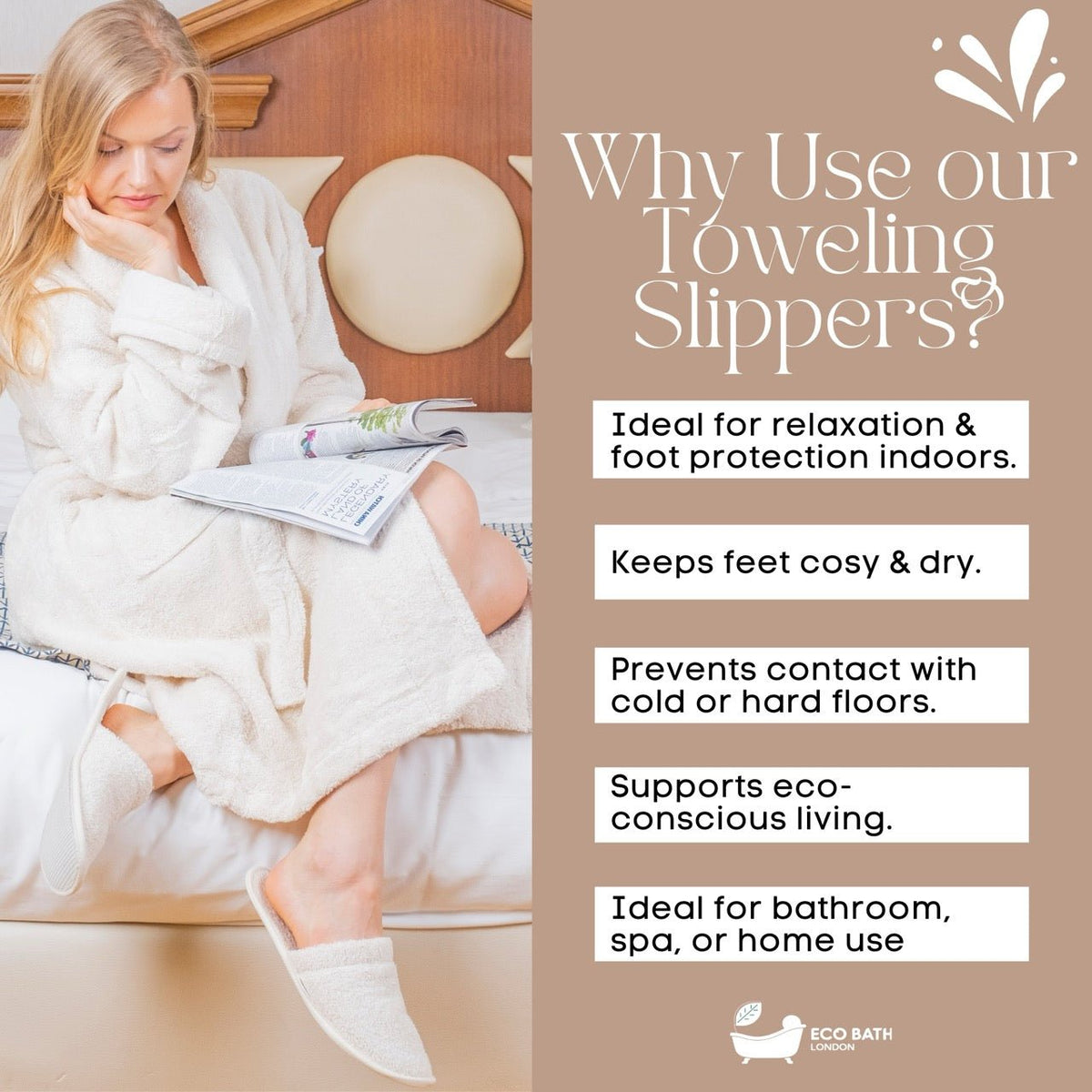 Eco Bath London Natural Towelling Slippers - GOTS Certificated Luxury 100% Organic Cotton Indoor Slippers for Bath and Home