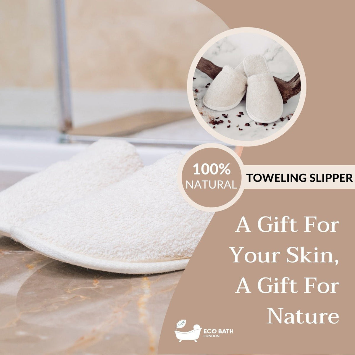 Eco Bath London Natural Towelling Slippers - GOTS Certificated Luxury 100% Organic Cotton Indoor Slippers for Bath and Home